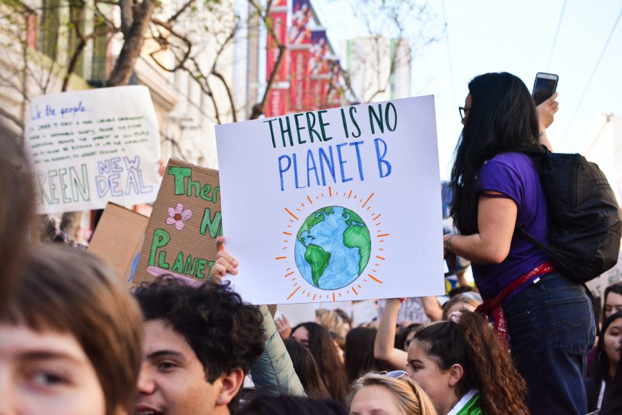 Demonstrationen für das Klima und einem hochgehaltenen Poster mit der Aufschrift "There is no Planet B"