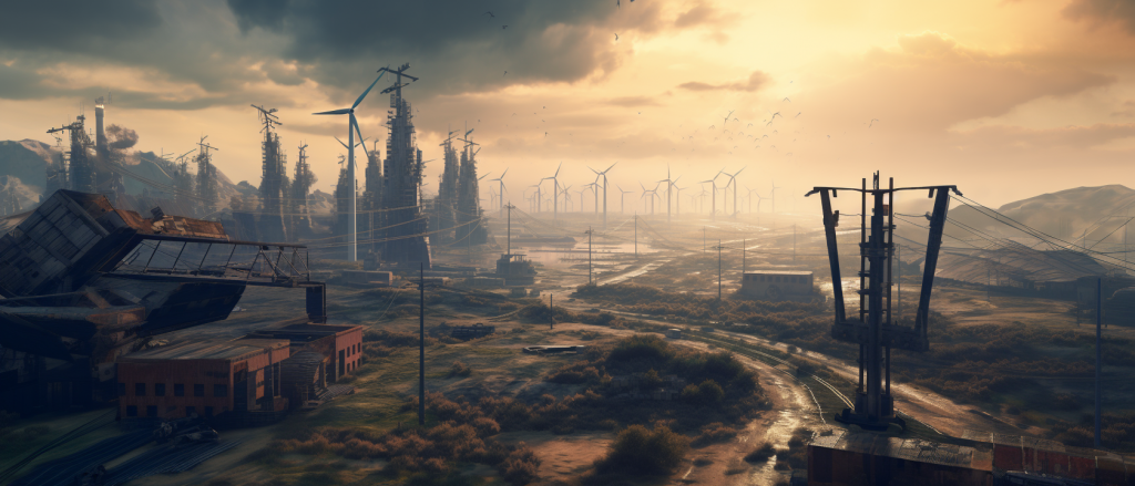 a dystopian world with wind and solar farm. Dark skyscrapers is a city nearby. electric vehicles everywhere.