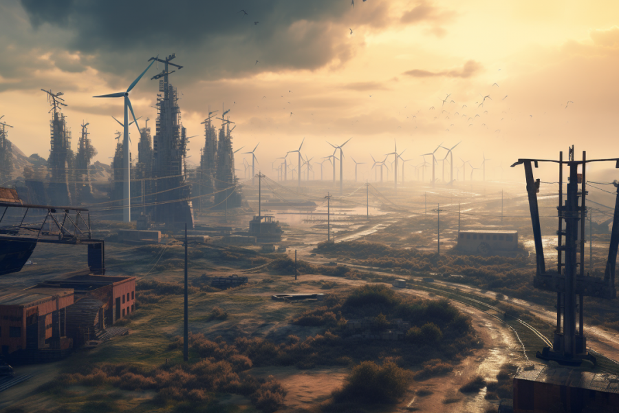 a dystopian world with wind and solar farm. Dark skyscrapers is a city nearby. electric vehicles everywhere.